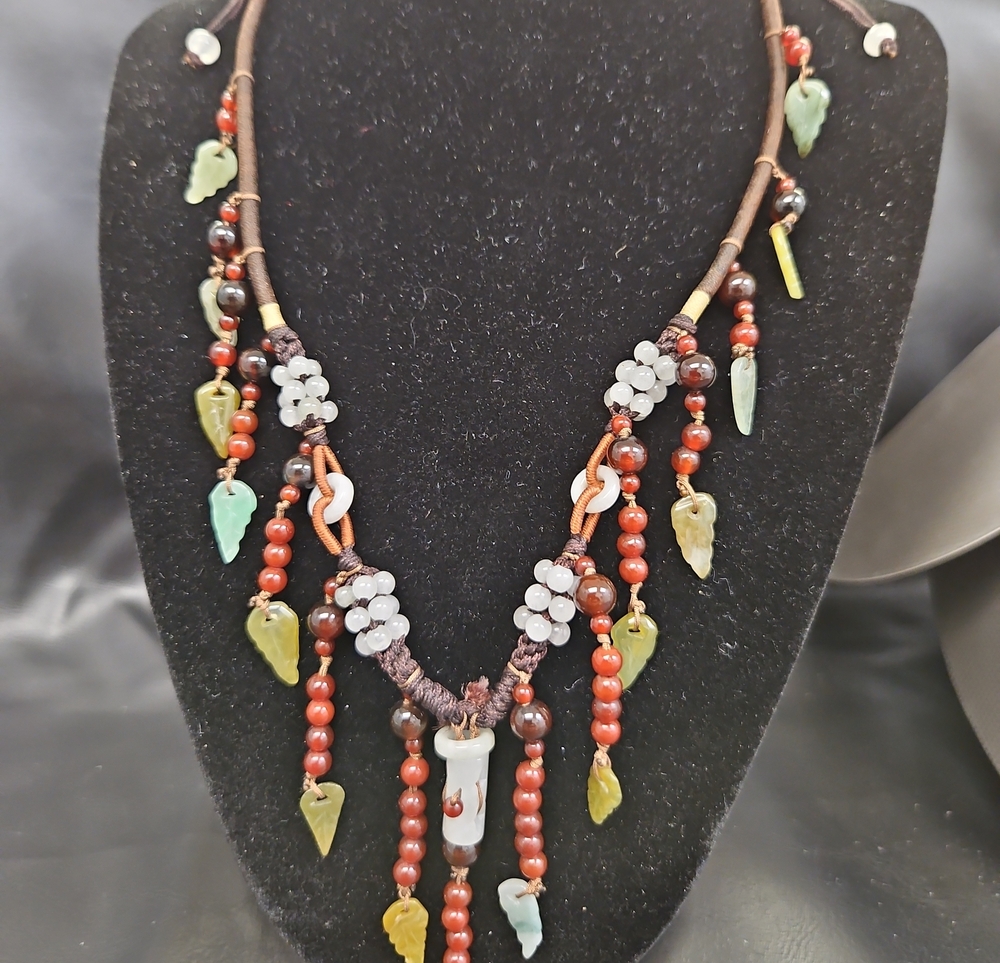 Bohemian Multicolor Beaded Jade Leaf Pendant Necklace